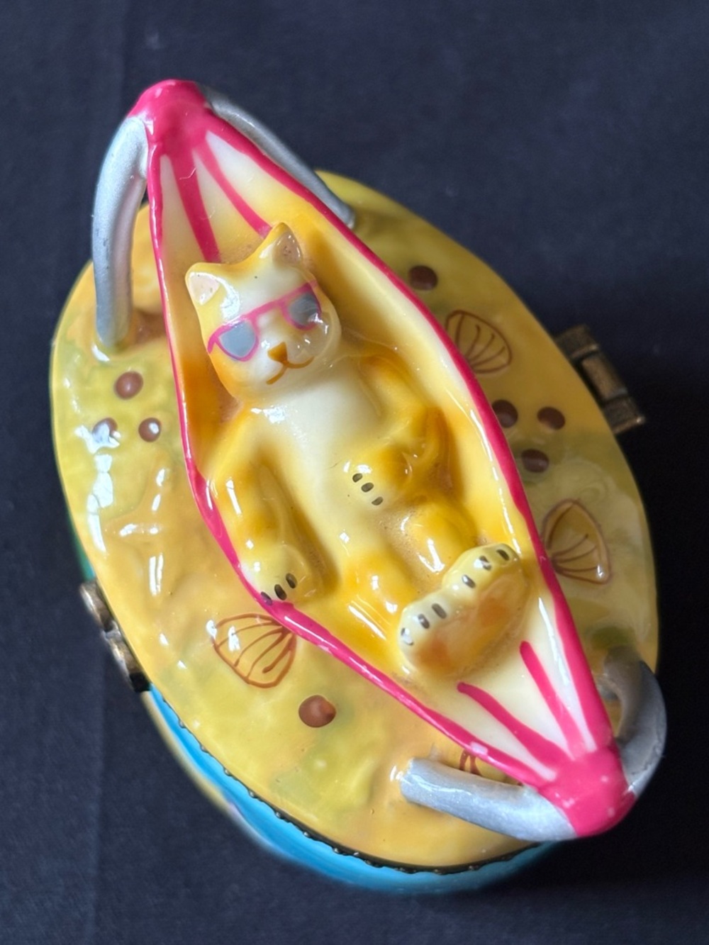 Porcelain Cat Hinged Trinket Box In Hammock Pink Sunglasses Beach Nautical Theme